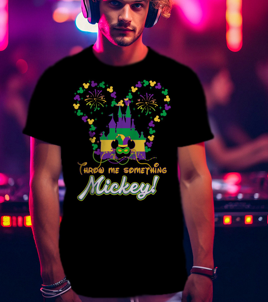 Throw Me Something Mickey Mardi Gras Castle Fireworks Beads T-Shirt