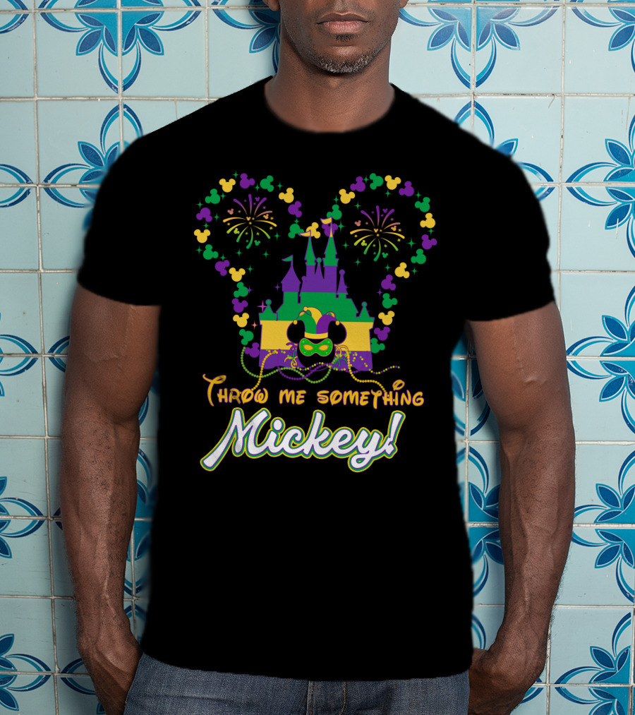 Throw Me Something Mickey Mardi Gras Castle Fireworks Beads T-Shirt