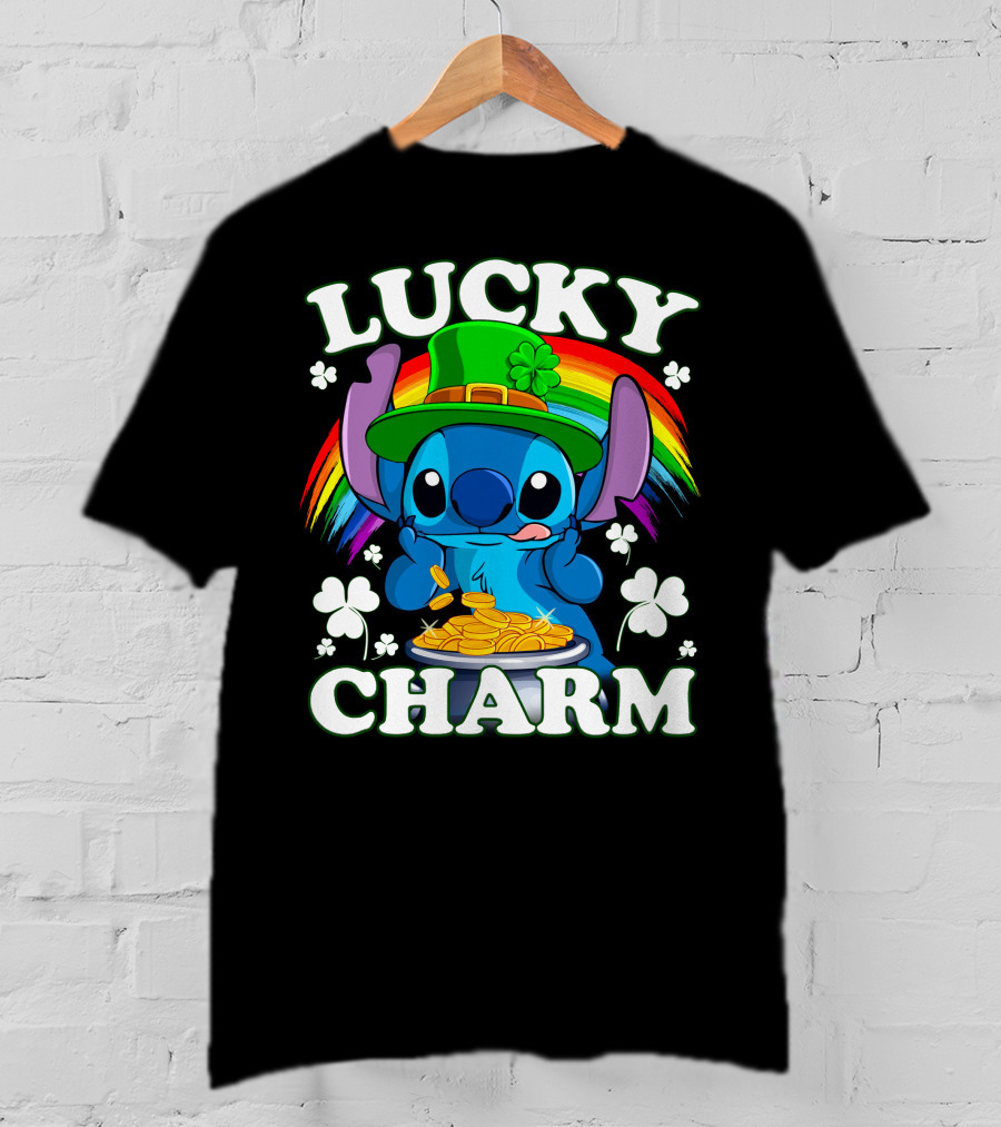 Stitch Lucky Charm Leprechaun Rainbow And Gold Coins T-Shirt