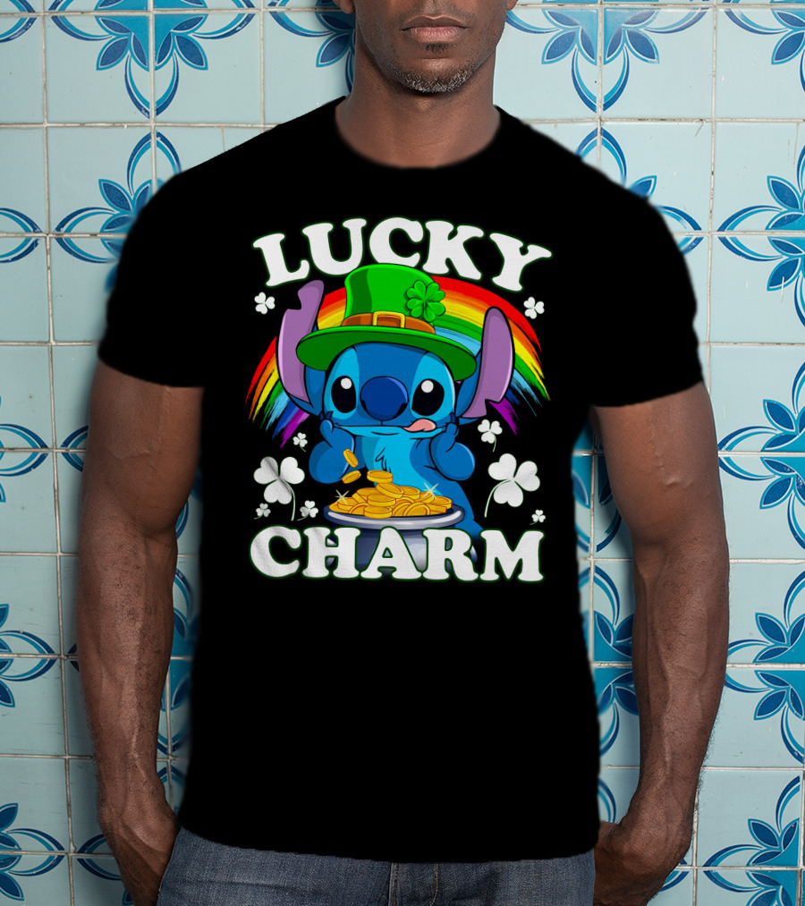 Stitch Lucky Charm Leprechaun Rainbow And Gold Coins T-Shirt