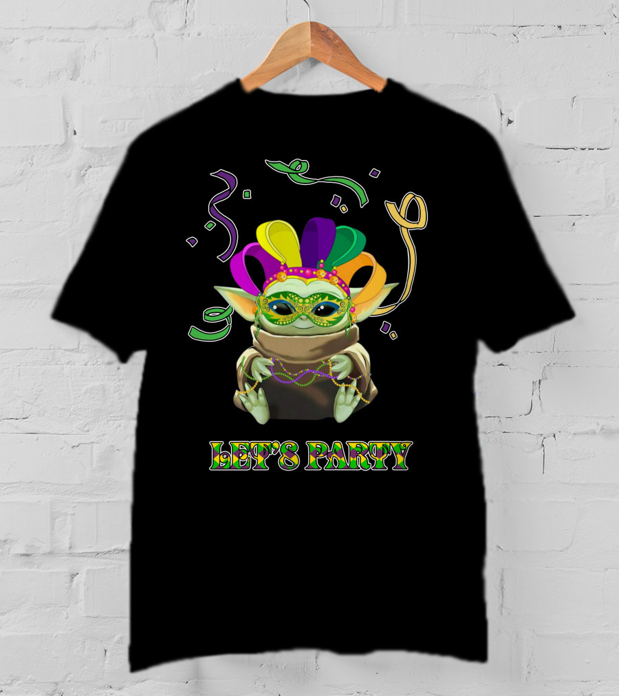 Baby Yoda Let's Party Mardi Gras Mask And Beads T-Shirt