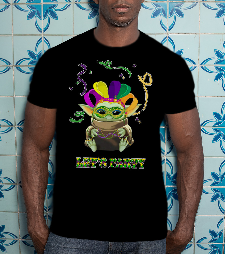 Baby Yoda Let's Party Mardi Gras Mask And Beads T-Shirt