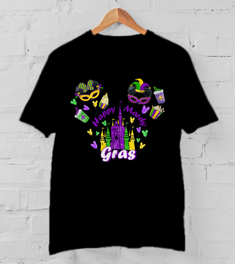 Happy Mardi Gras Castle Celebration With Mask And Snack Icons T-Shirt