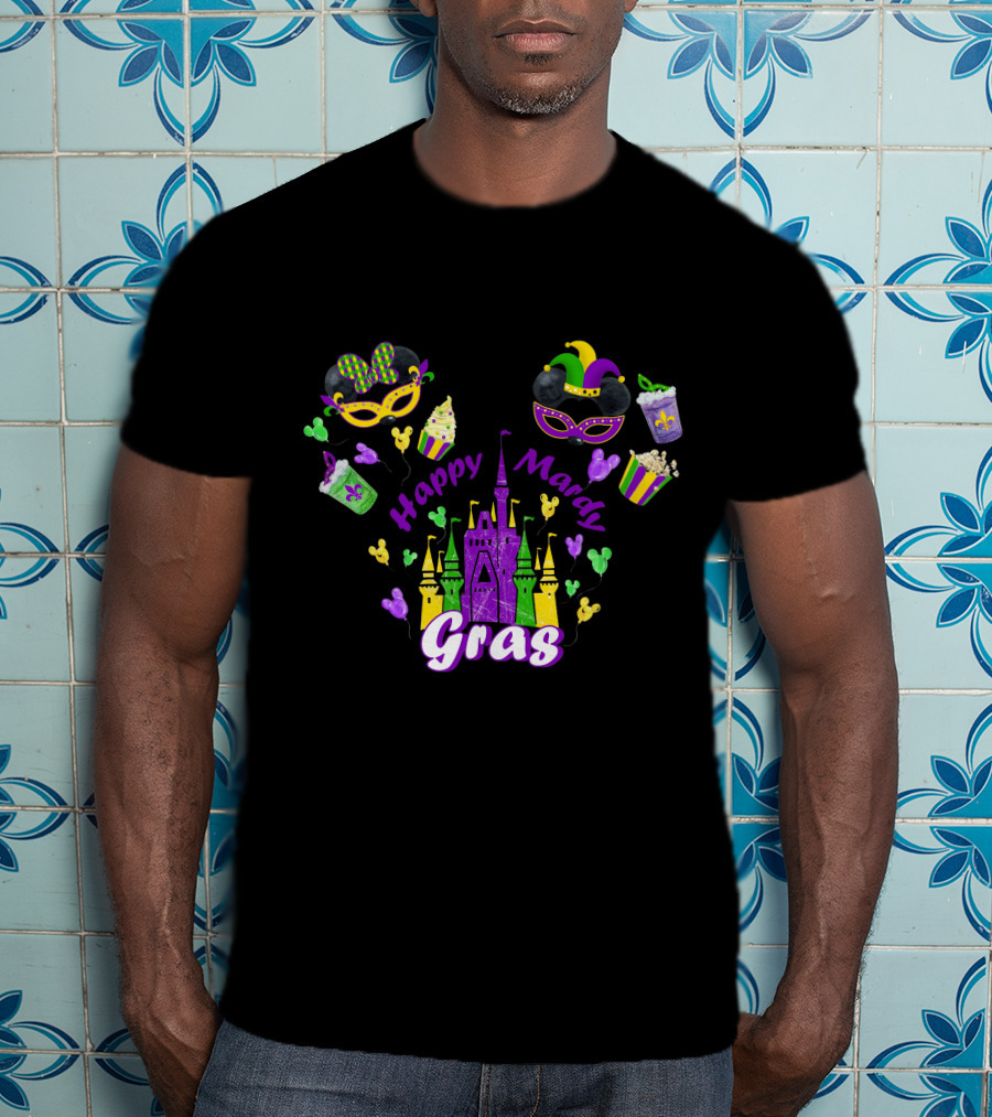 Happy Mardi Gras Castle Celebration With Mask And Snack Icons T-Shirt