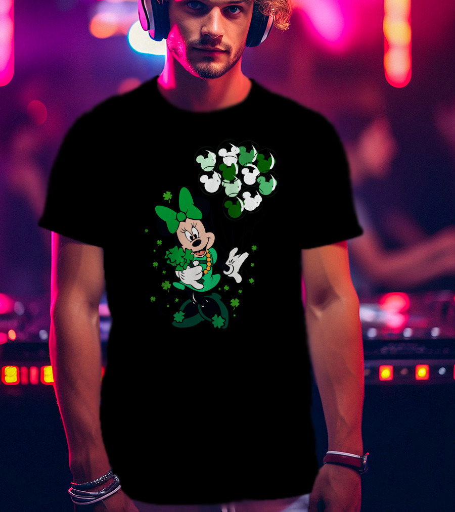 Minnie Mouse St. Patrick's Day With Shamrocks And Green Balloons T-Shirt