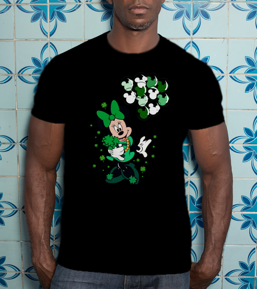 Minnie Mouse St. Patrick's Day With Shamrocks And Green Balloons T-Shirt