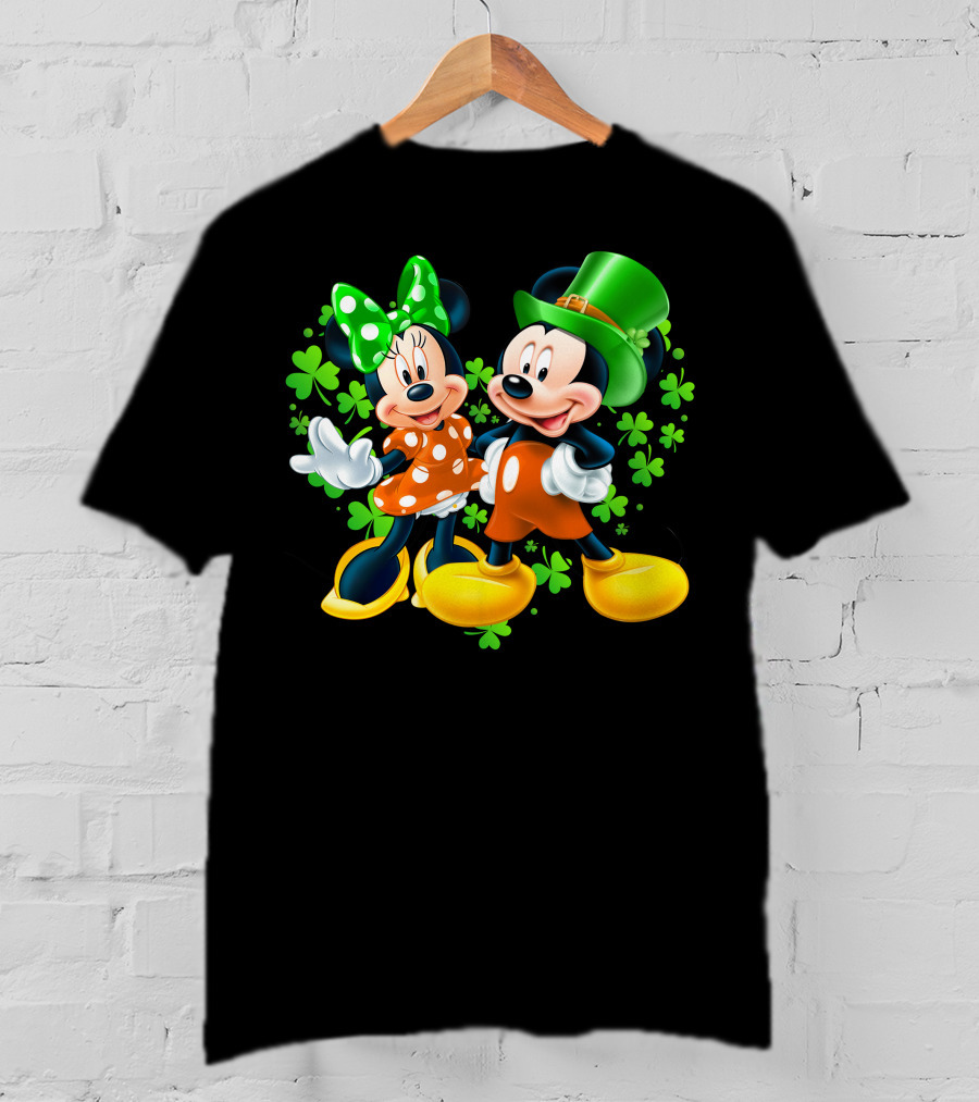 Mickey And Minnie With Shamrocks In Green And Orange Outfits T-Shirt