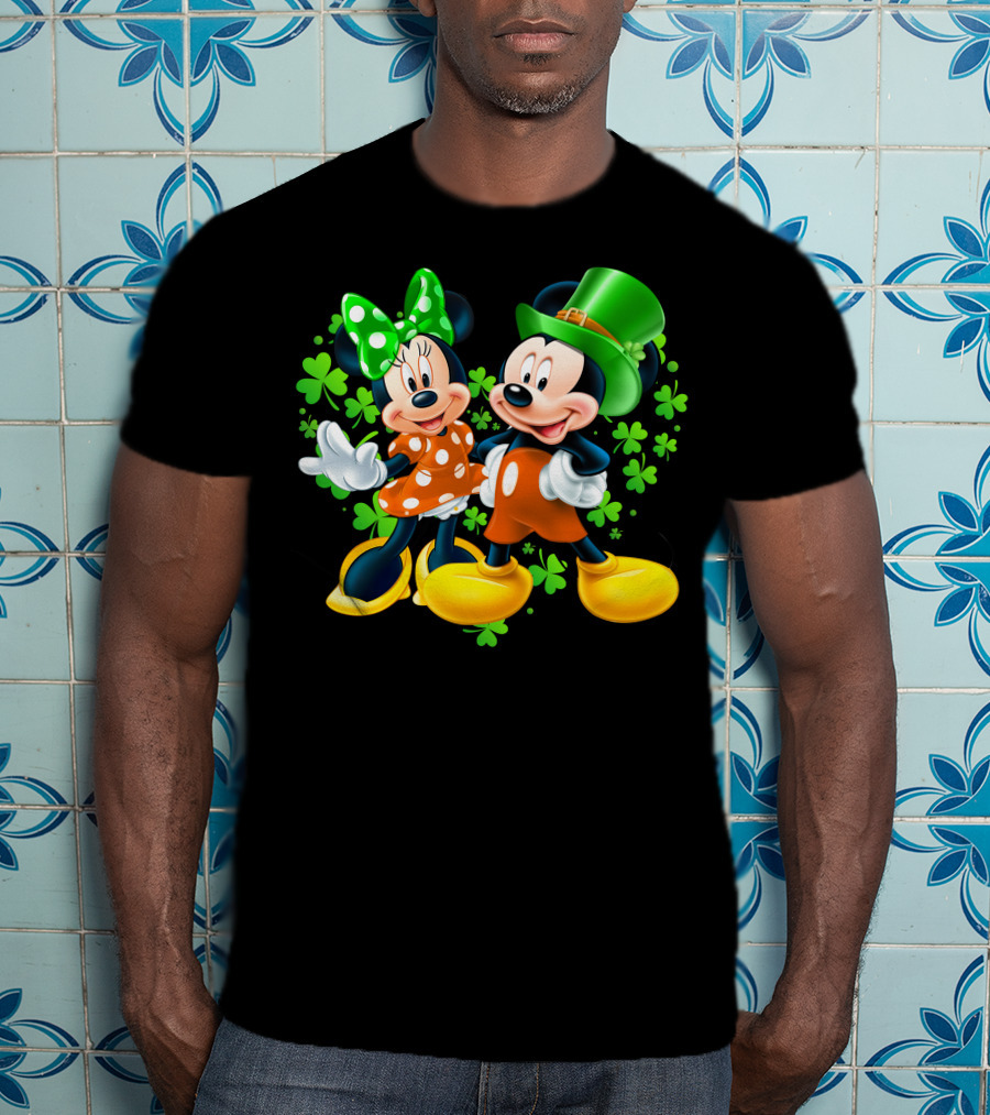 Mickey And Minnie With Shamrocks In Green And Orange Outfits T-Shirt