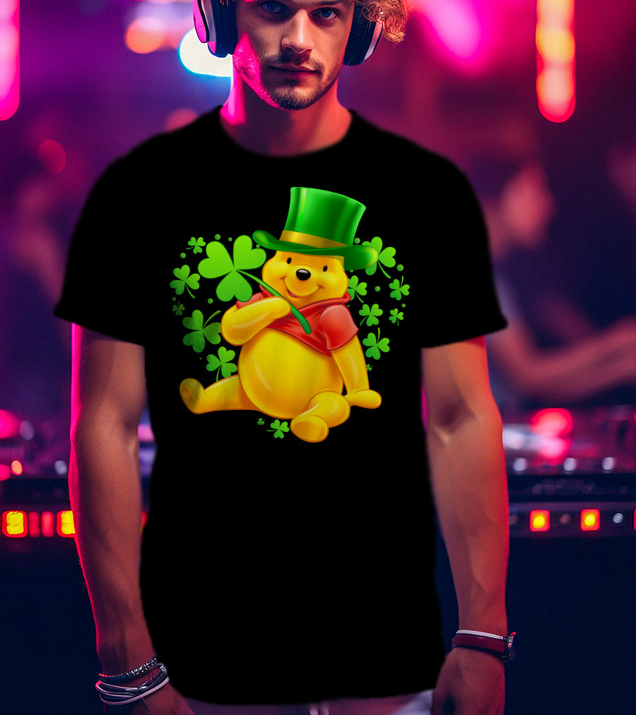 Pooh Bear St. Patrick's Day With Shamrocks And Green Hat T-Shirt