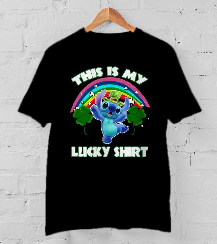 This Is My Lucky Shirt Stitch Leprechaun Clover Rainbow T-Shirt