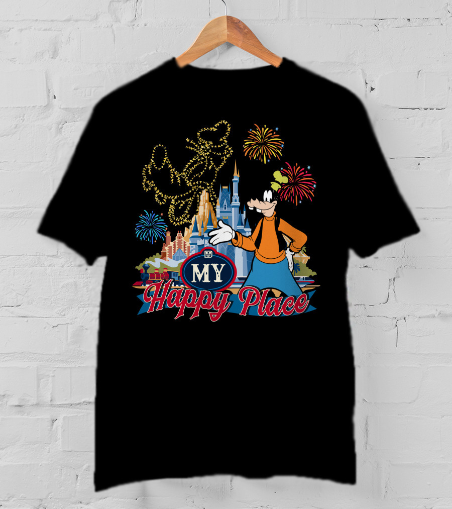 Goofy My Happy Place Fireworks Castle T-Shirt
