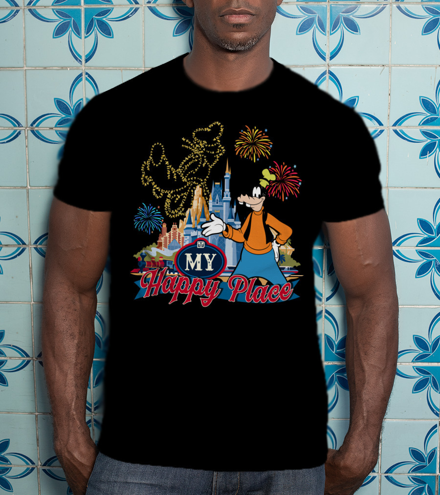 Goofy My Happy Place Fireworks Castle T-Shirt