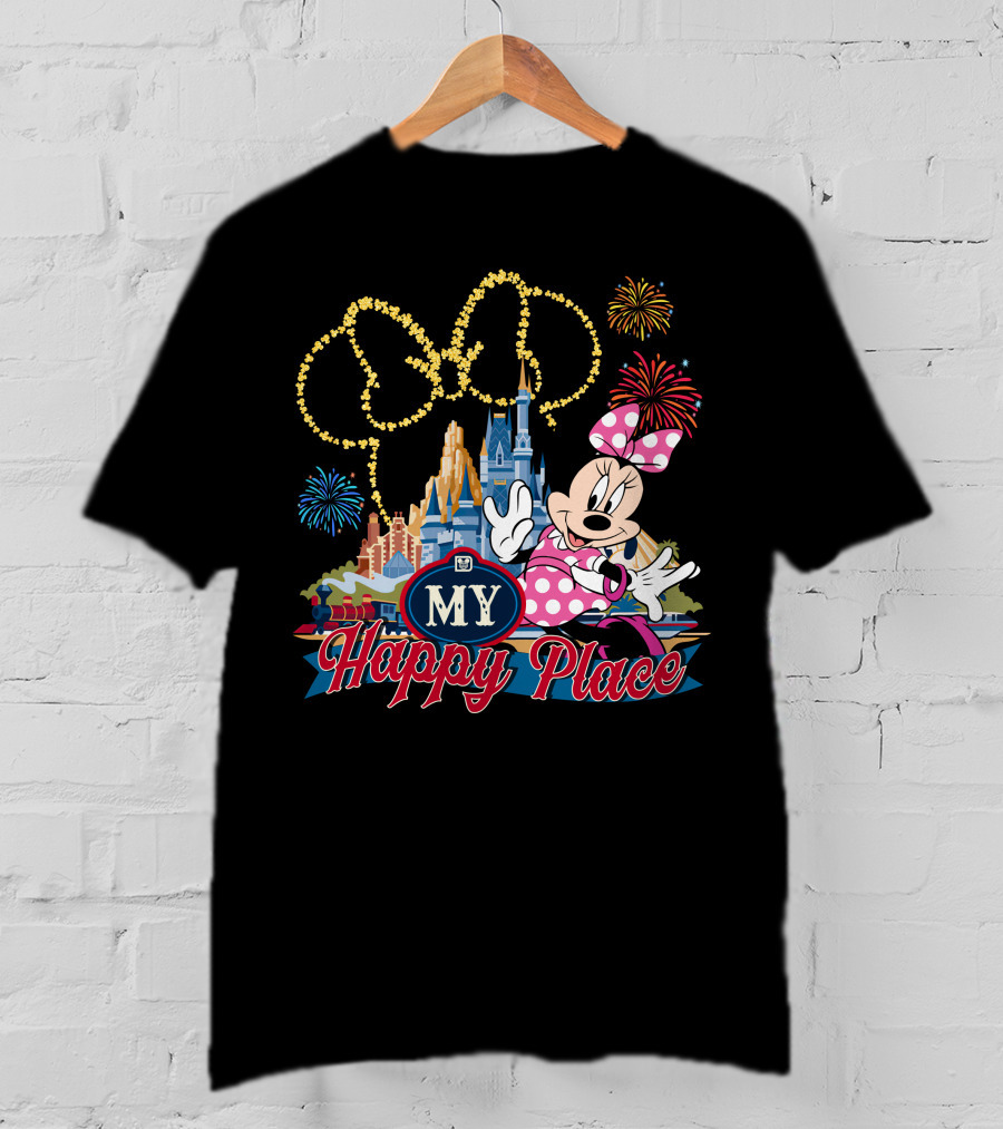 Minnie My Happy Place Fireworks Castle T-Shirt