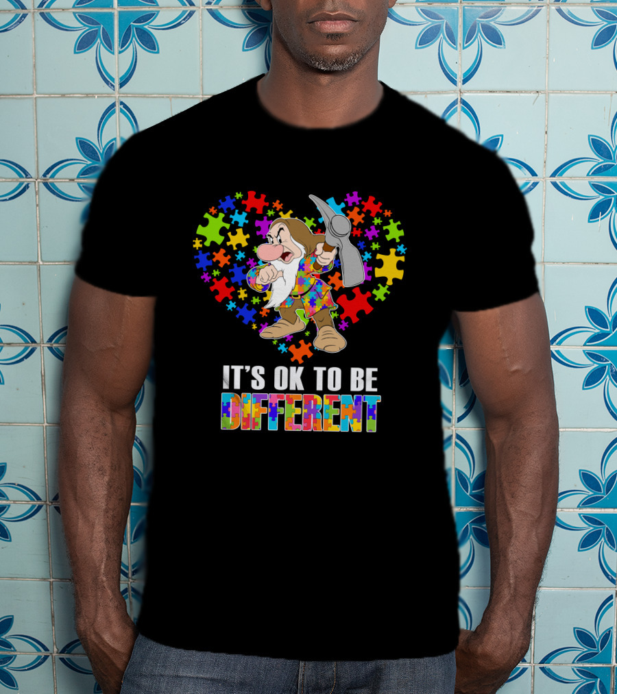 It's Ok To Be Different Grumpy Dwarf With Puzzle Piece Heart T-Shirt