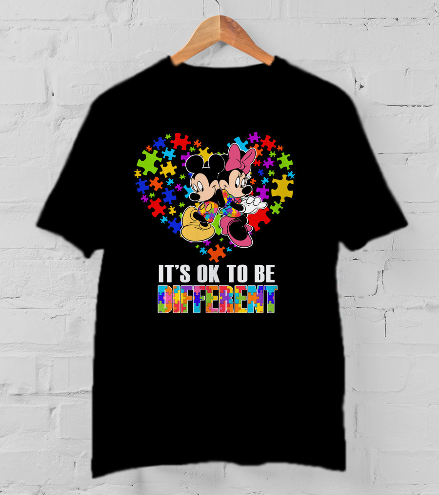 Mickey Minnie It's Ok To Be Different Puzzle Pieces Heart T-Shirt