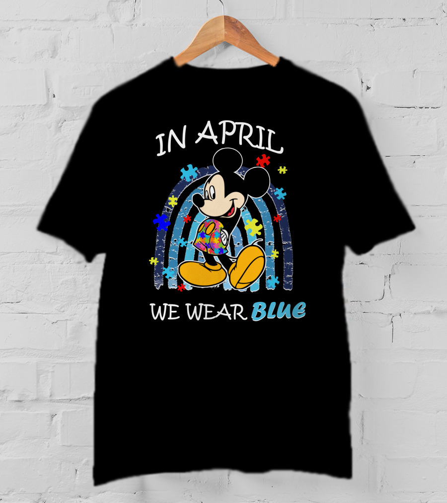 In April We Wear Blue Mickey Puzzle Autism Awareness T-Shirt