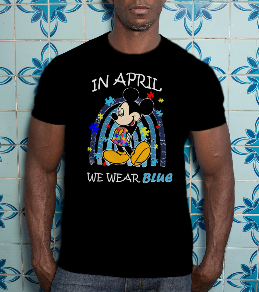 In April We Wear Blue Mickey Puzzle Autism Awareness T-Shirt