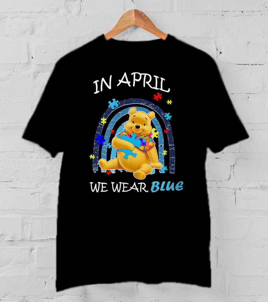 In April We Wear Blue Pooh Puzzle Autism Awareness T-Shirt
