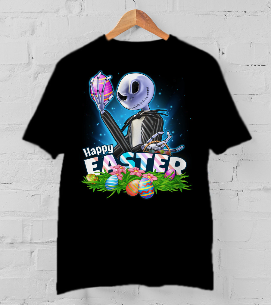 JACK SKELLINGTON Happy Easter With Colorful Eggs And Flowers T-Shirt