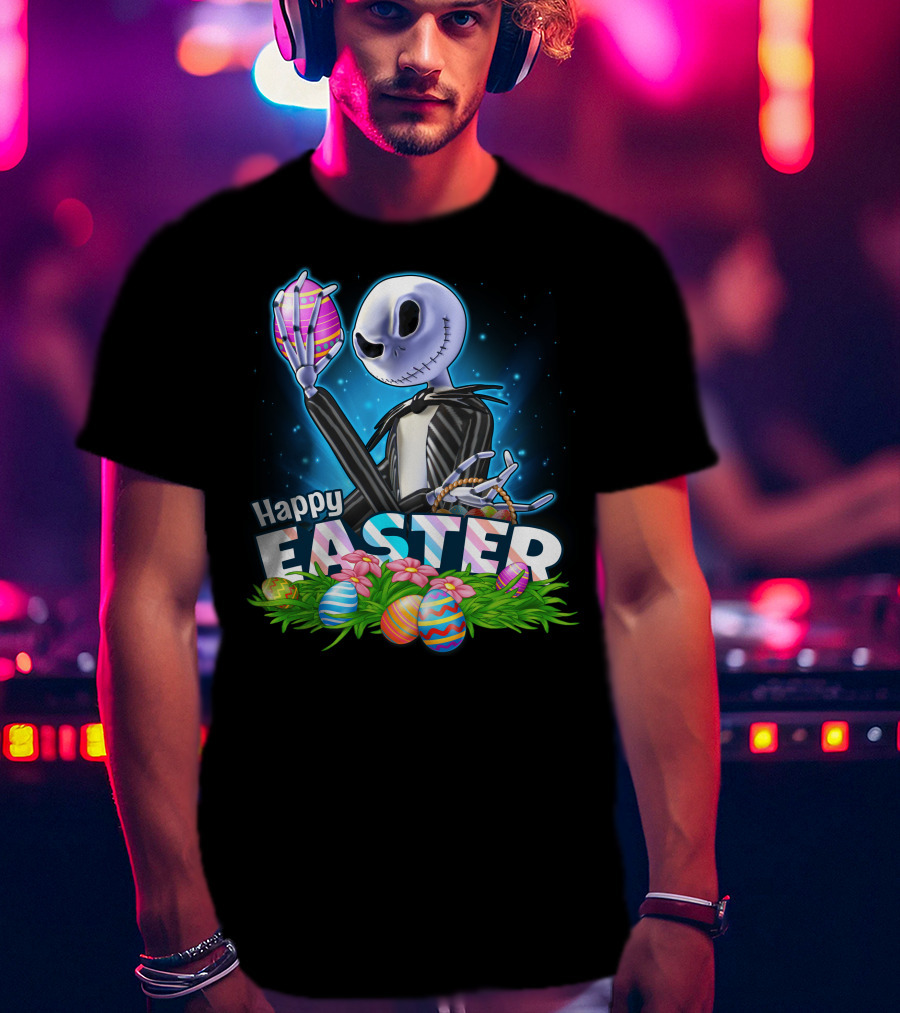 JACK SKELLINGTON Happy Easter With Colorful Eggs And Flowers T-Shirt