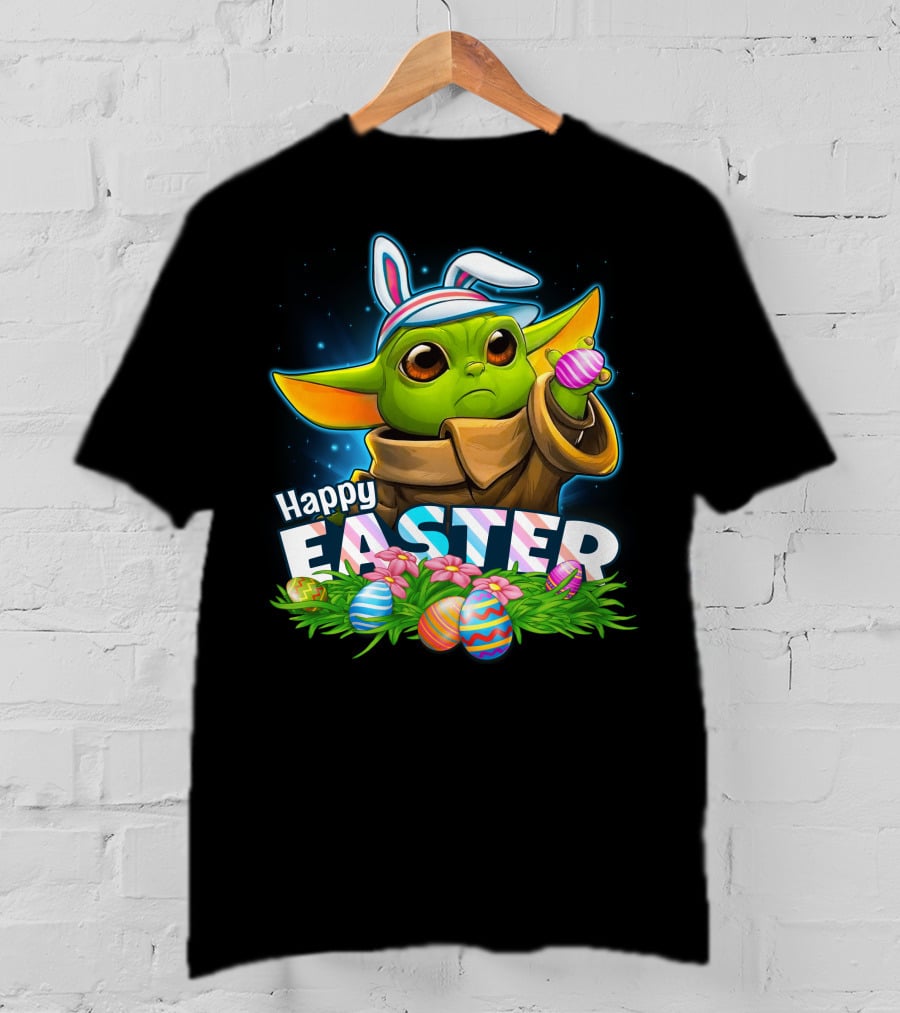 Happy Easter Yoda Baby With Bunny Ears And Colorful Eggs T-Shirt