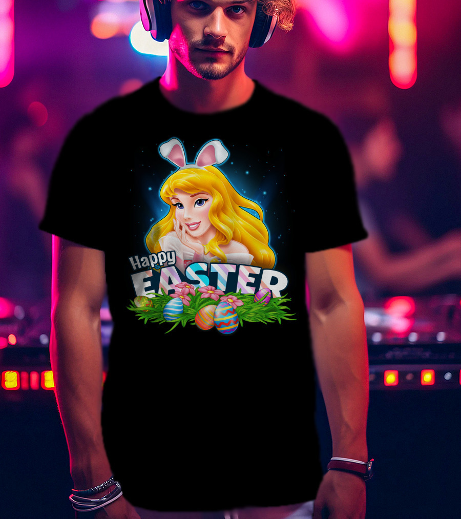 Happy Easter Aurora Bunny Ears With Colorful Eggs And Flowers T-Shirt