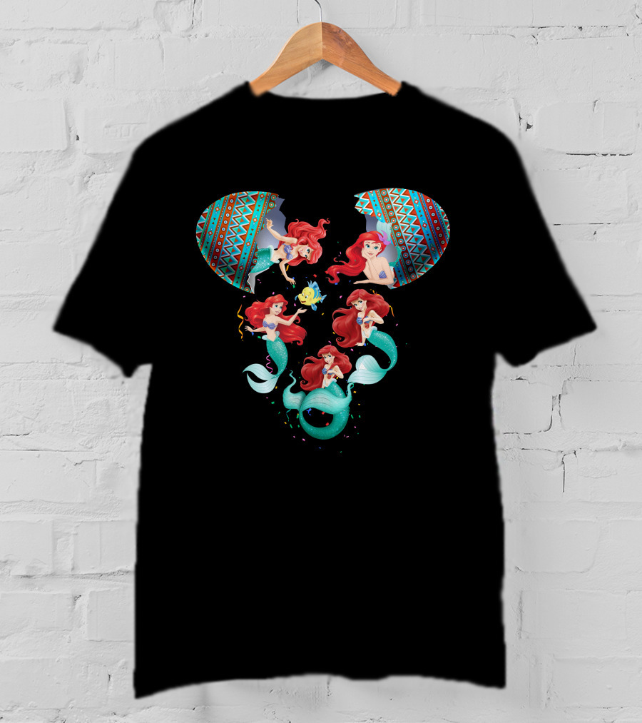 Mermaid Ariel And Friends In Colorful Tribal Pattern Inspired Disney Mouse Shape T-Shirt