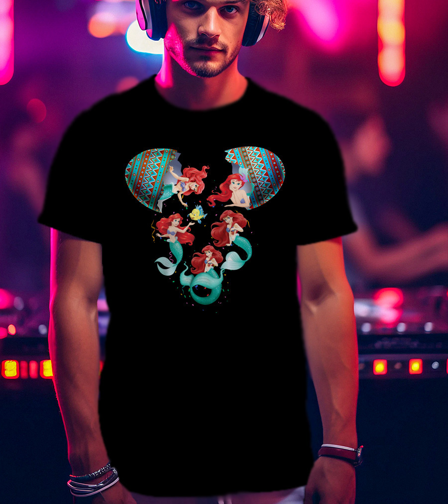 Mermaid Ariel And Friends In Colorful Tribal Pattern Inspired Disney Mouse Shape T-Shirt