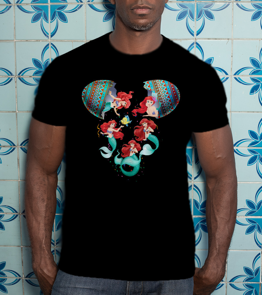 Mermaid Ariel And Friends In Colorful Tribal Pattern Inspired Disney Mouse Shape T-Shirt