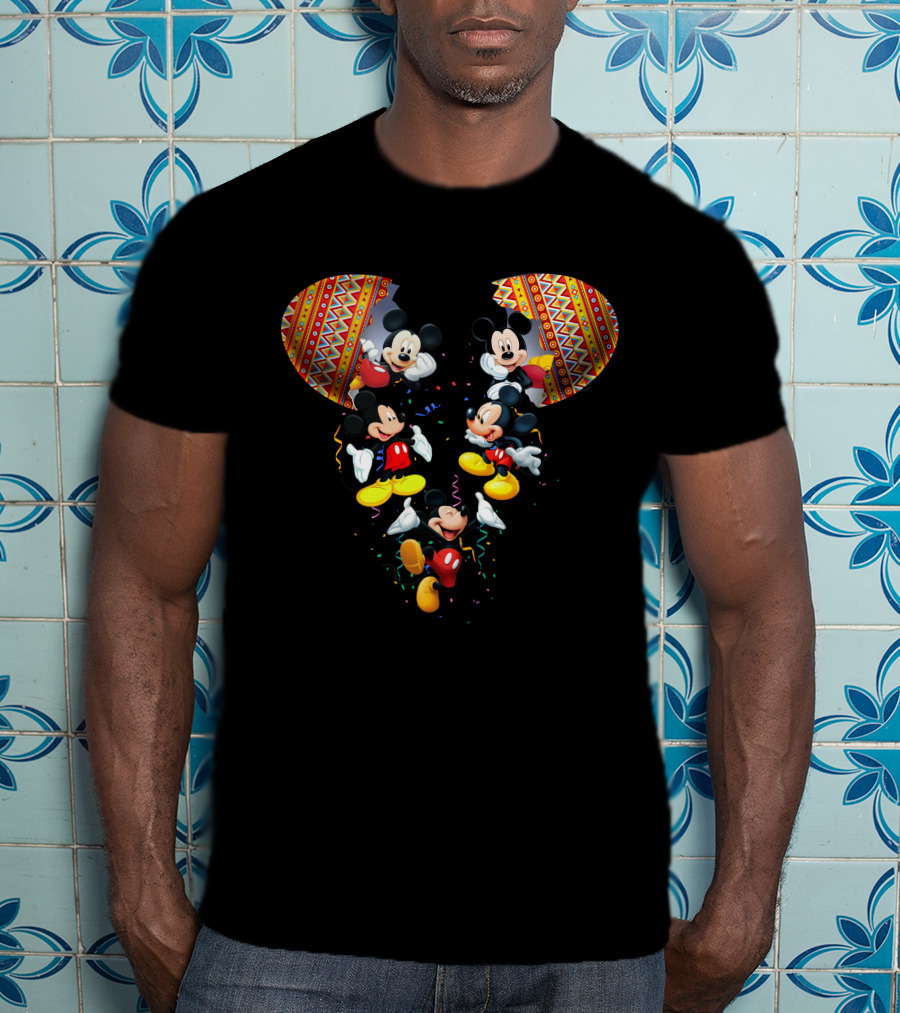 Mickey Mouse Colorful Festive Celebration Inside Aztec Pattern Ears T-Shirt