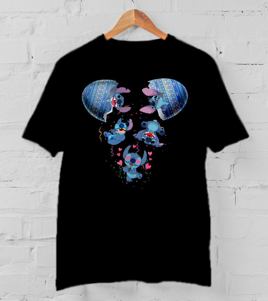 Stitch Erupting From Ornate Eggshell With Playful Expressions And Heart Confetti T-Shirt