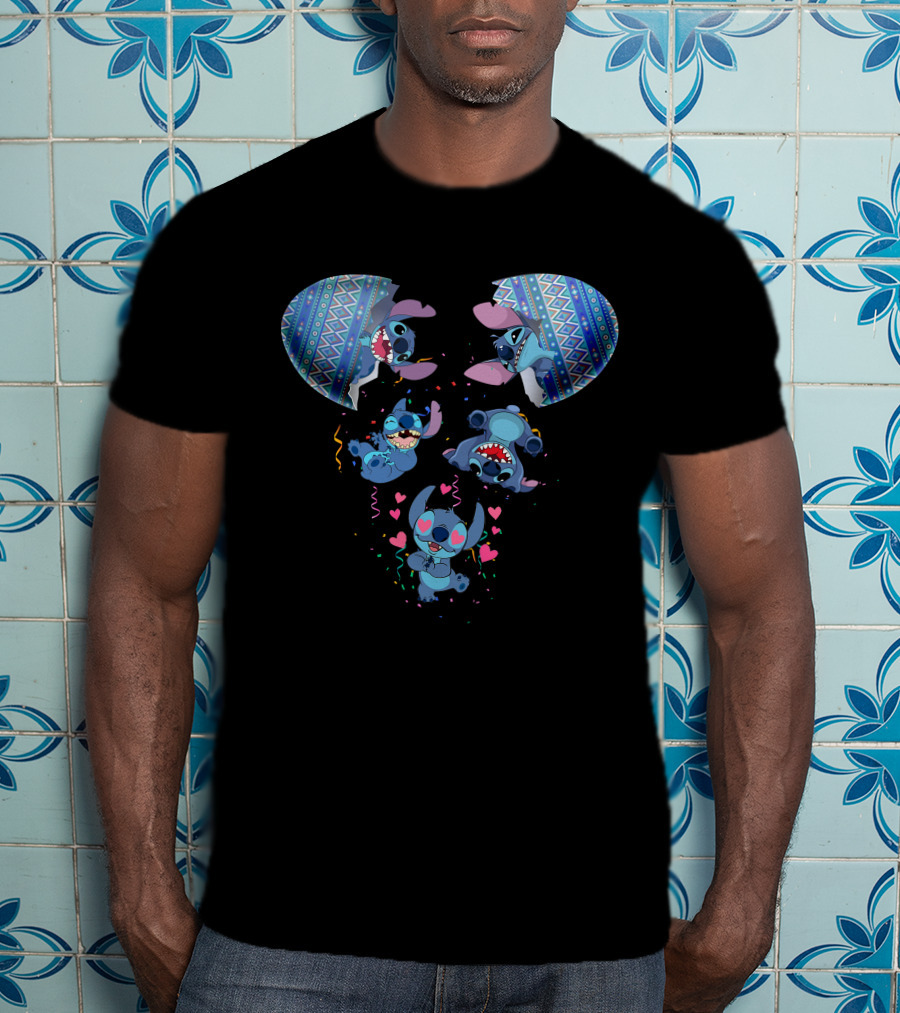 Stitch Erupting From Ornate Eggshell With Playful Expressions And Heart Confetti T-Shirt