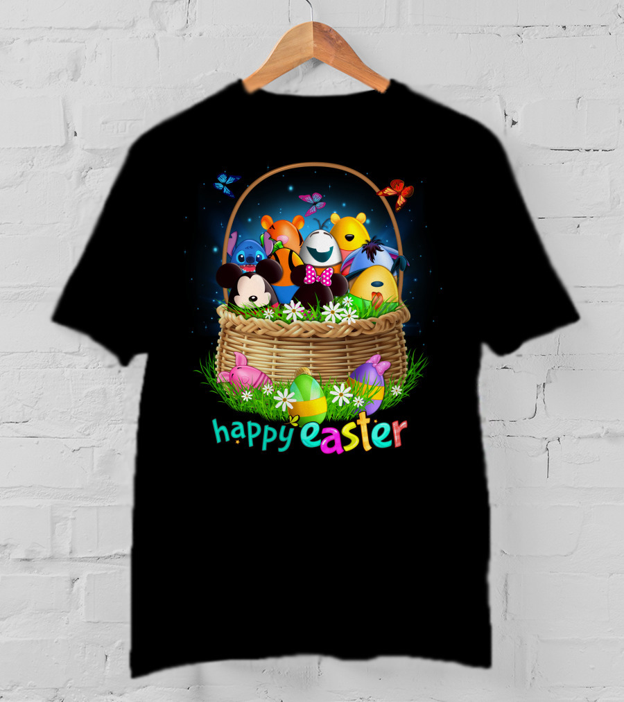 Happy Easter Basket With Colorful Eggs And Characters T-Shirt