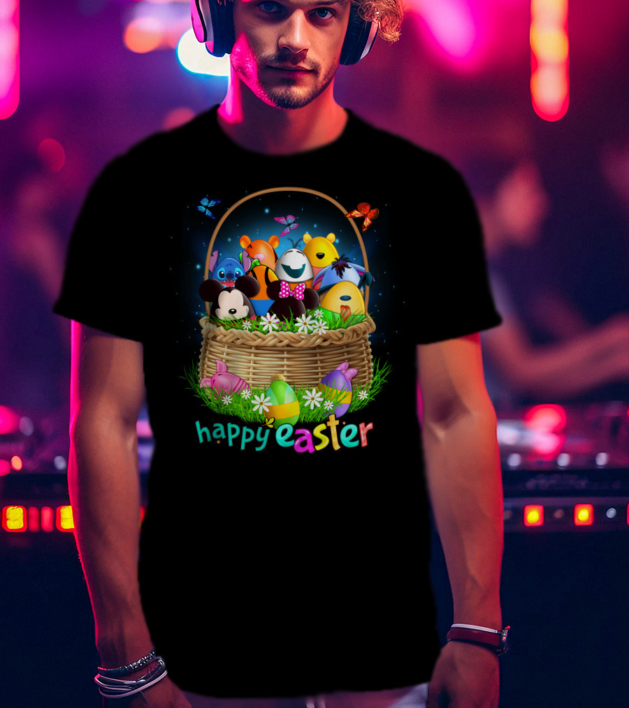 Happy Easter Basket With Colorful Eggs And Characters T-Shirt