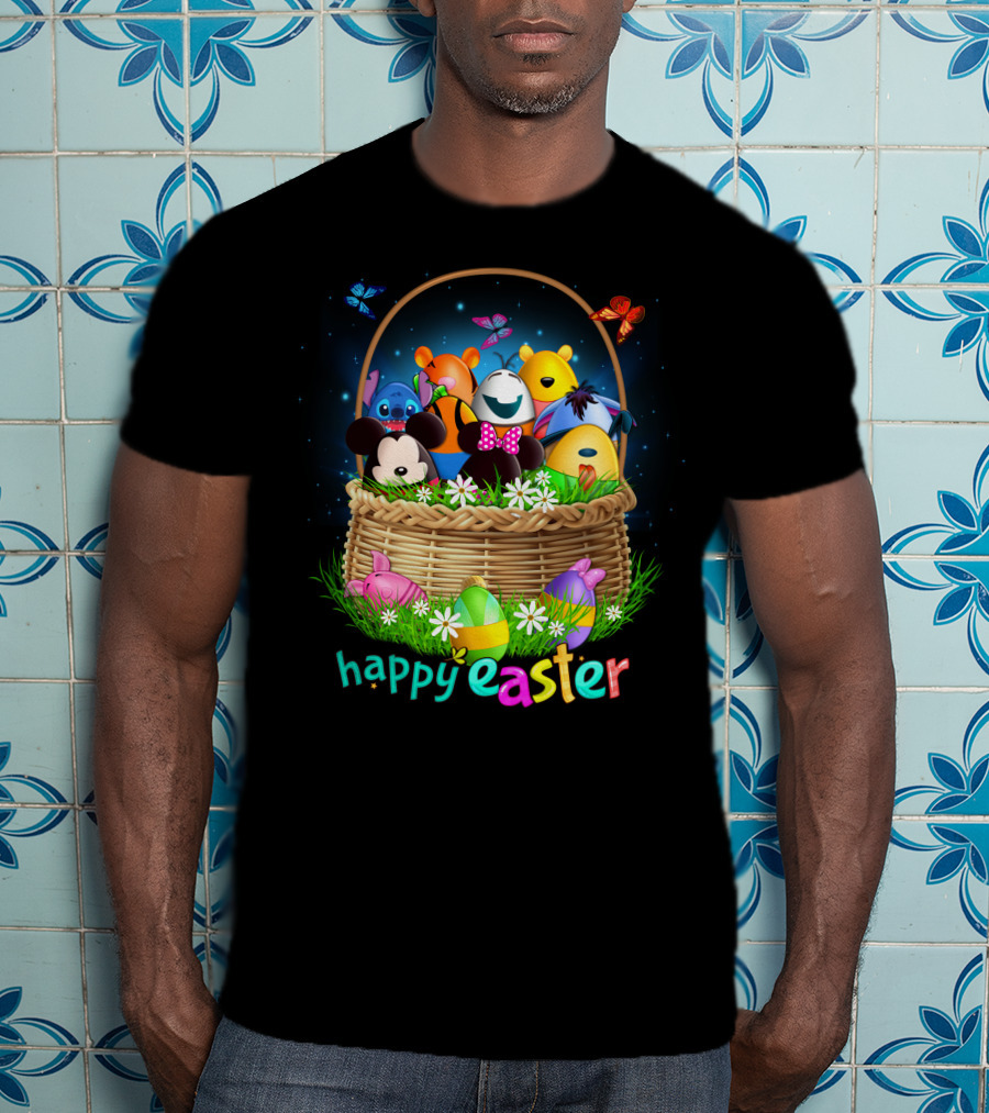 Happy Easter Basket With Colorful Eggs And Characters T-Shirt