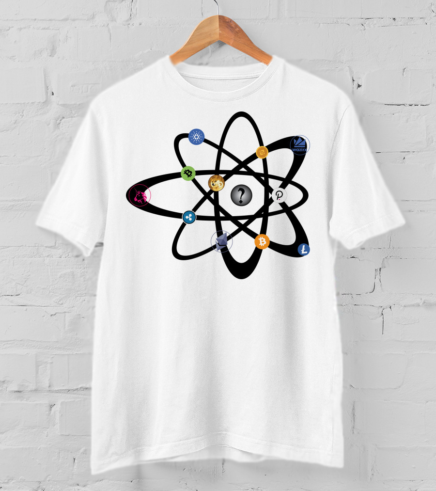 Uniswap Cardano Binance Coin WazirX Polkadot XRP Dogecoin Ethereum Bitcoin Litecoin Cryptocurrency Icons Atom Structure T-Shirt