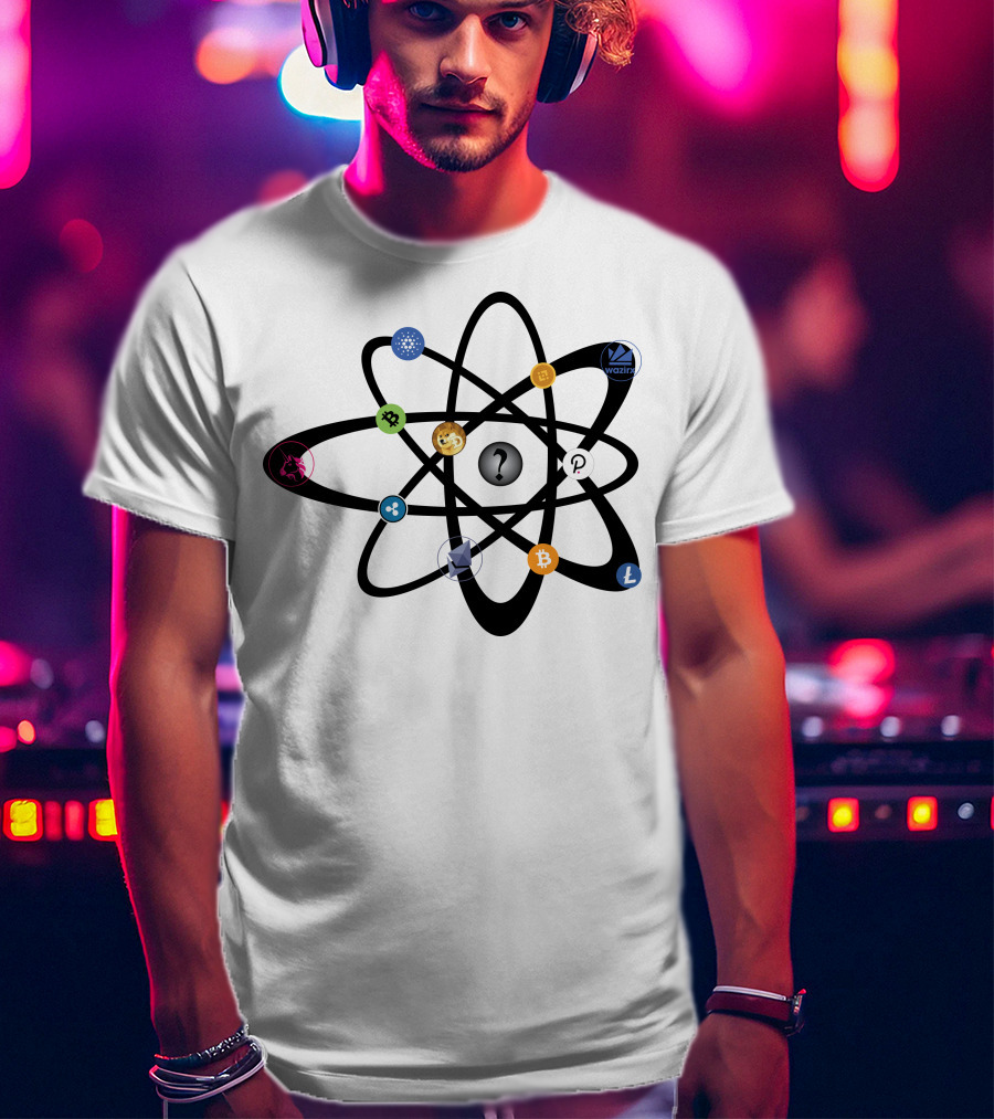 Uniswap Cardano Binance Coin WazirX Polkadot XRP Dogecoin Ethereum Bitcoin Litecoin Cryptocurrency Icons Atom Structure T-Shirt
