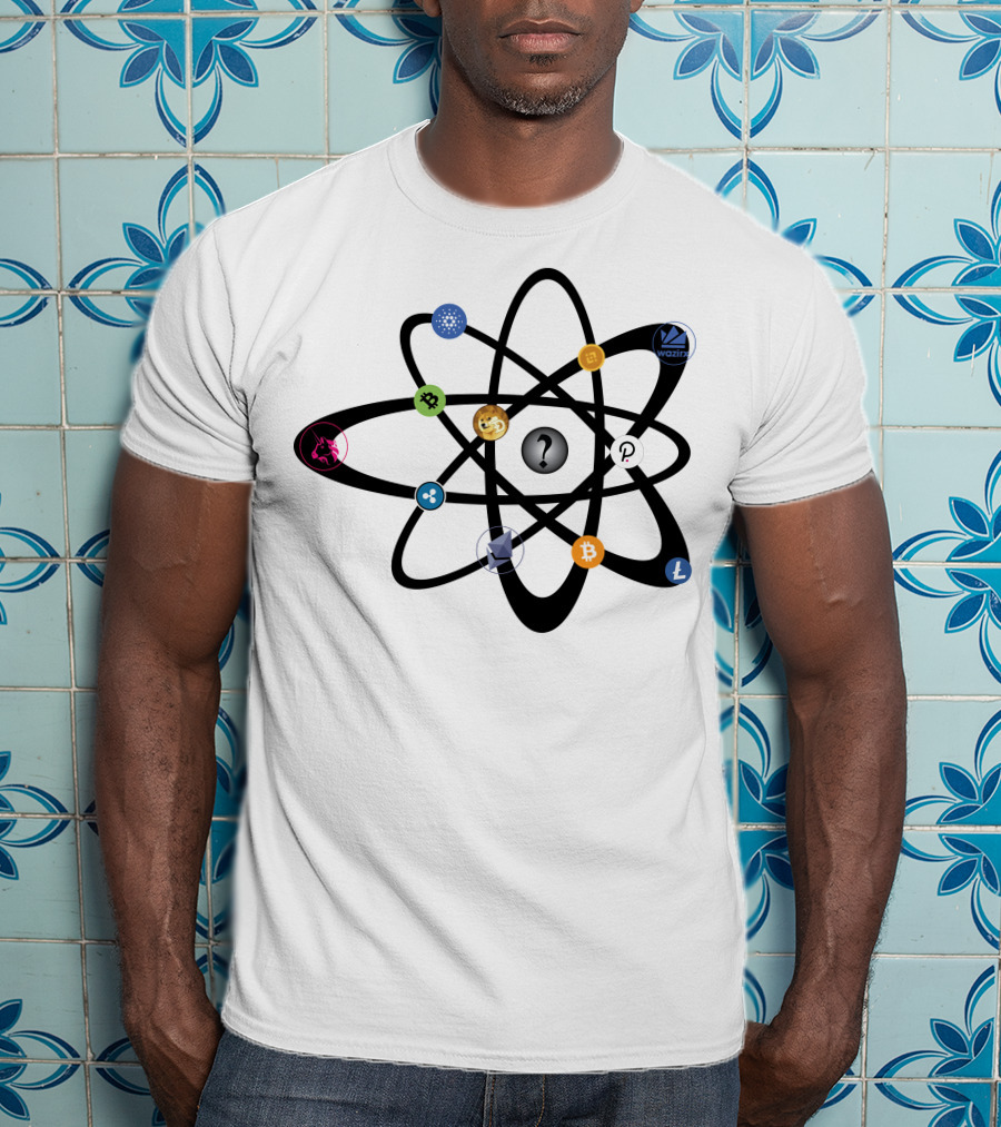 Uniswap Cardano Binance Coin WazirX Polkadot XRP Dogecoin Ethereum Bitcoin Litecoin Cryptocurrency Icons Atom Structure T-Shirt