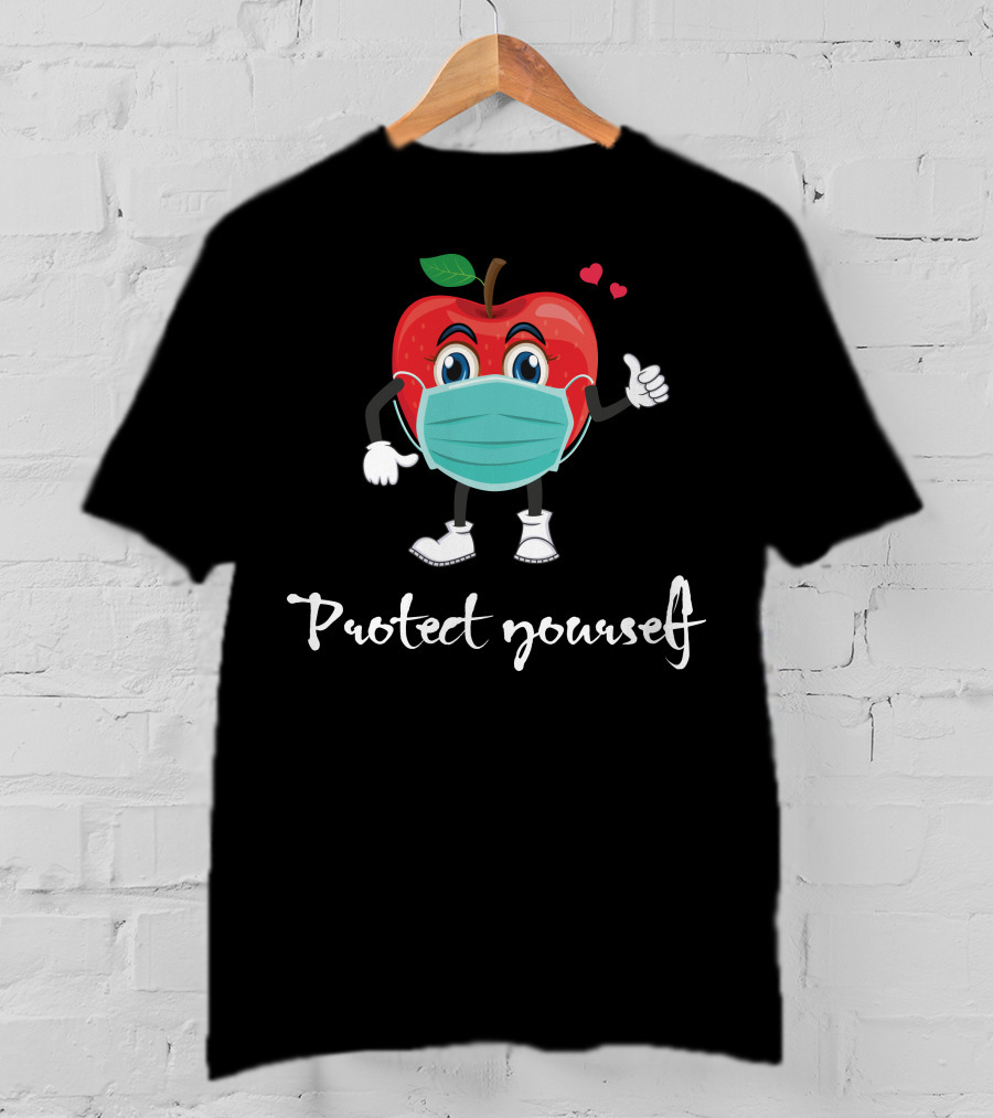 Protect Yourself Masked Apple Cartoon With Hearts T-Shirt