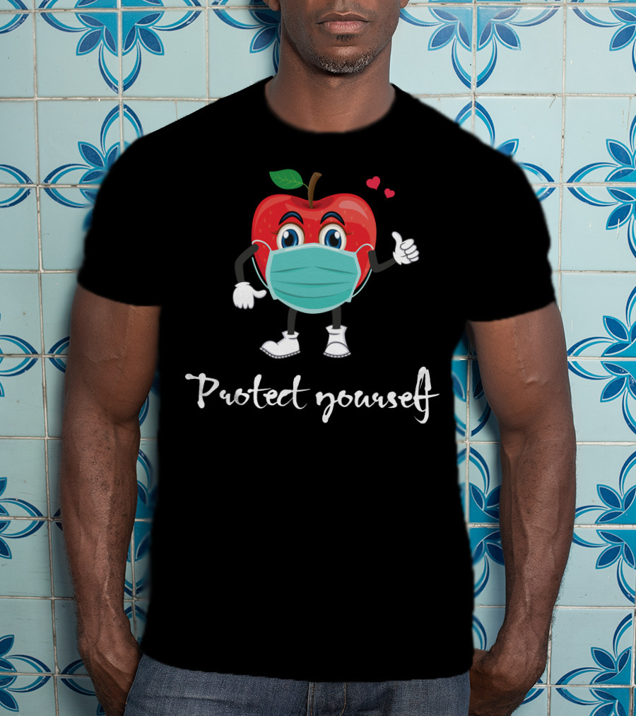 Protect Yourself Masked Apple Cartoon With Hearts T-Shirt