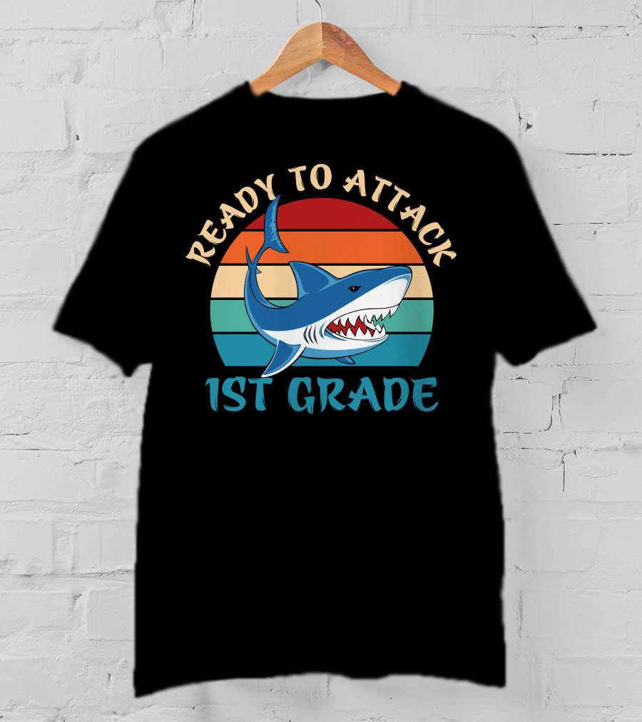 Ready To Attack 1st Grade Shark Retro Stripes T-Shirt