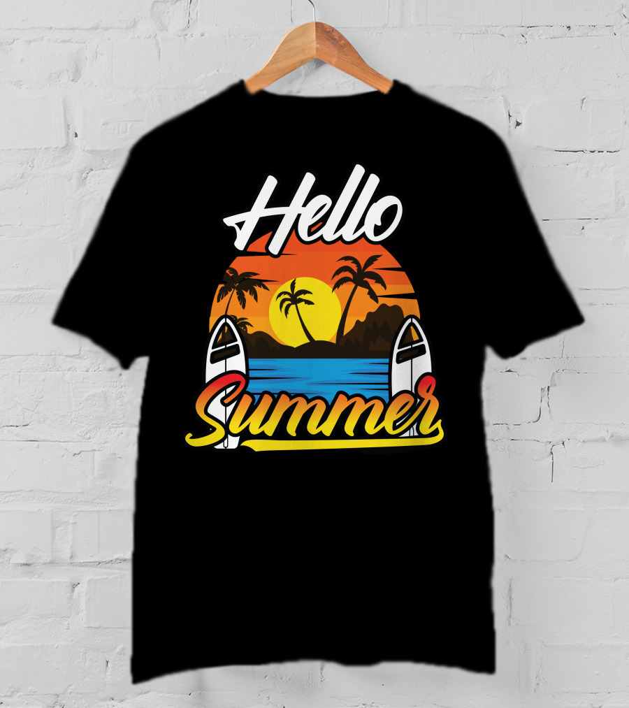Hello Summer Sunset Surfing Beach Scene T-Shirt