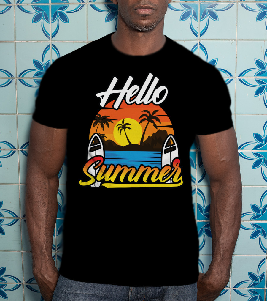 Hello Summer Sunset Surfing Beach Scene T-Shirt