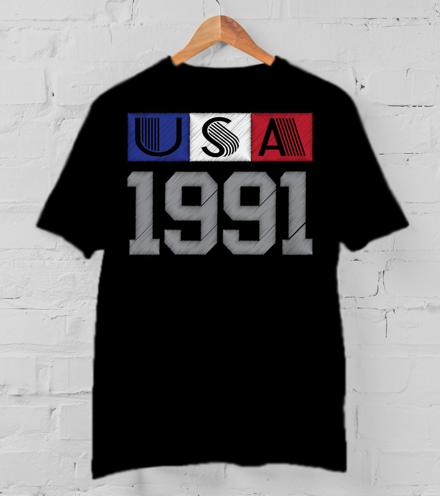 USA 1991 Vintage Graphic Blue White Red Stripes T-Shirt