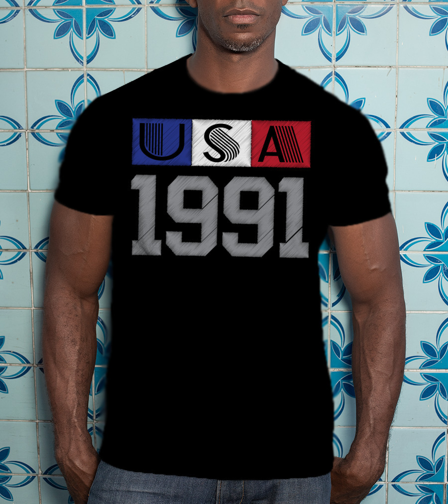 USA 1991 Vintage Graphic Blue White Red Stripes T-Shirt