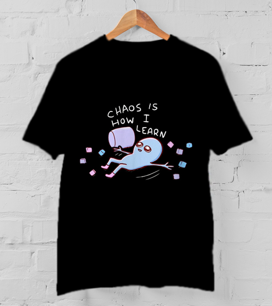 Chaos Is How I Learn Playful Blue Character Relaxing With Marshmallows T-Shirt