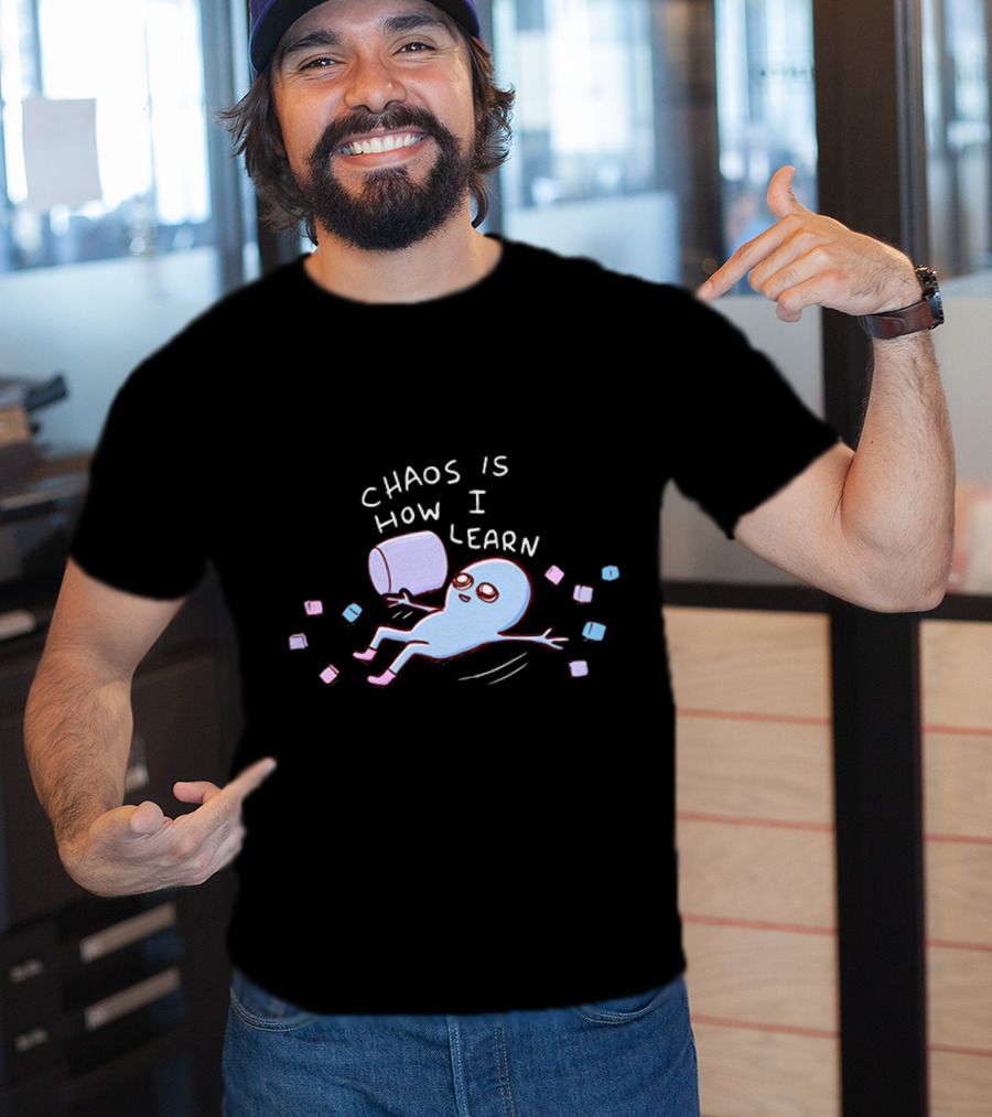 Chaos Is How I Learn Playful Blue Character Relaxing With Marshmallows T-Shirt