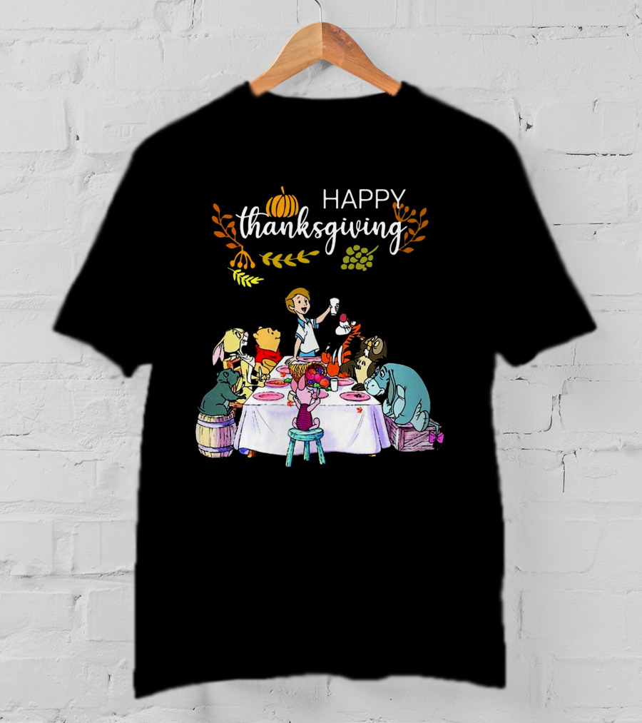 Winnie The Pooh Happy Thanksgiving Celebration With Friends At Dining Table T-Shirt