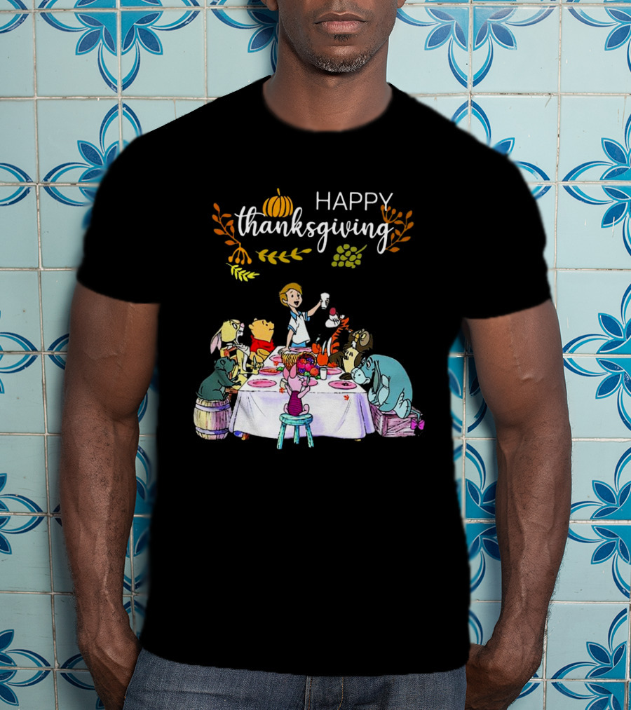 Winnie The Pooh Happy Thanksgiving Celebration With Friends At Dining Table T-Shirt