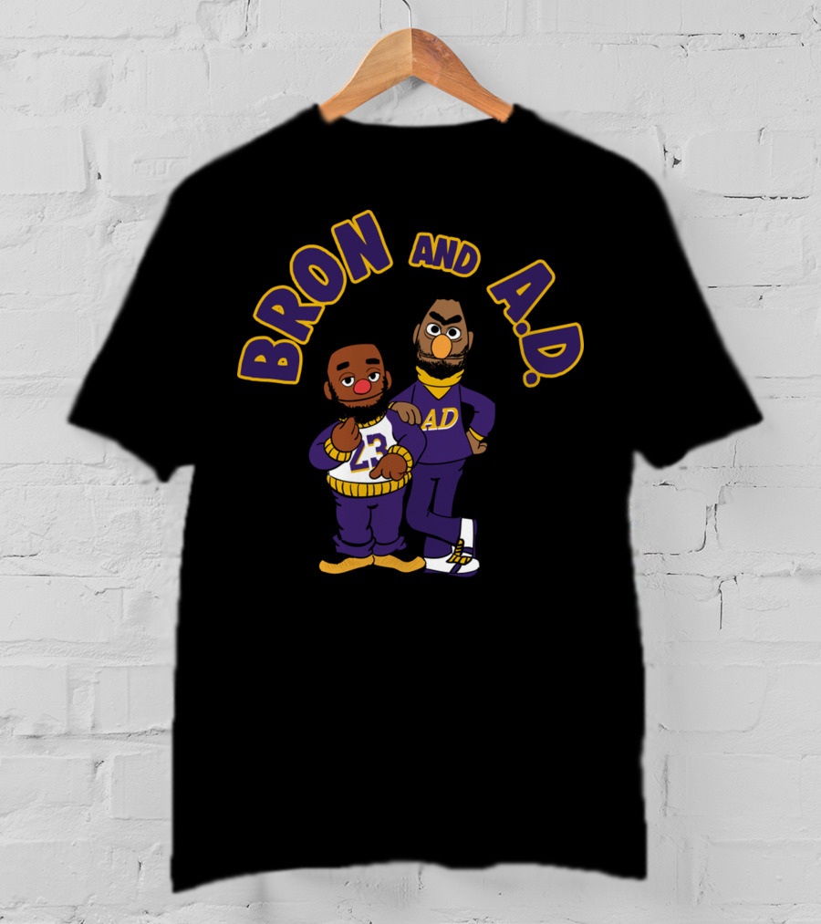 Bron And A.D. Cartoon Characters In Purple And Gold Outfits T-Shirt